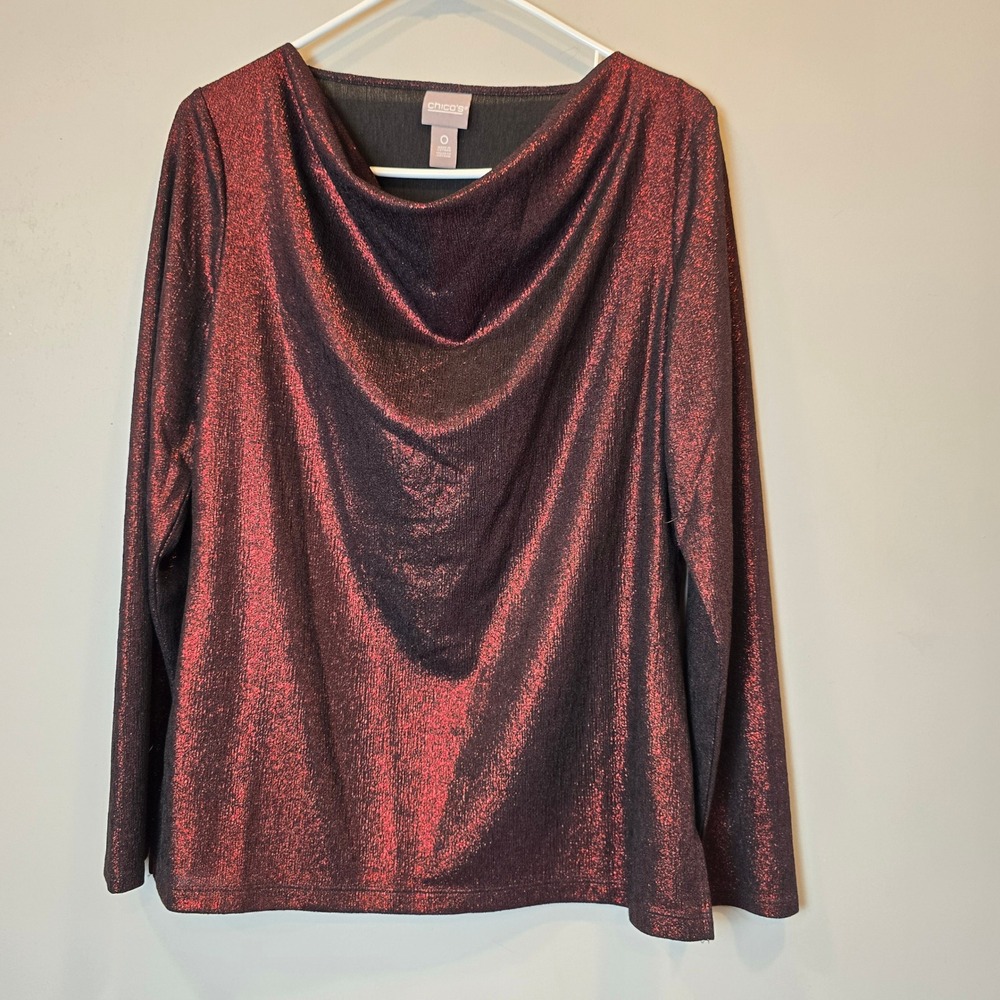 Chicos Blouse Womens 4 Red Black Long Sleeve